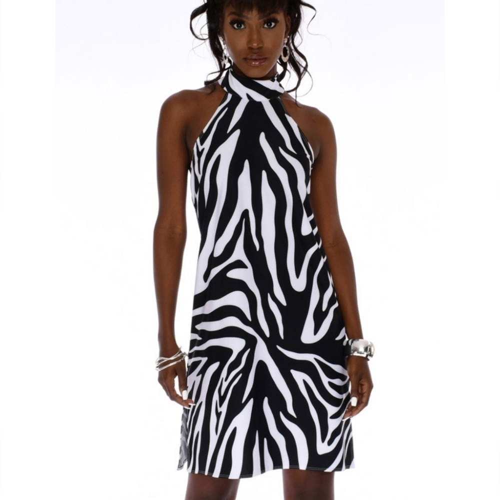 NWOT Dorothy Zudora Naomi 60s Zebra Mock Neck Sleeveless shift dress